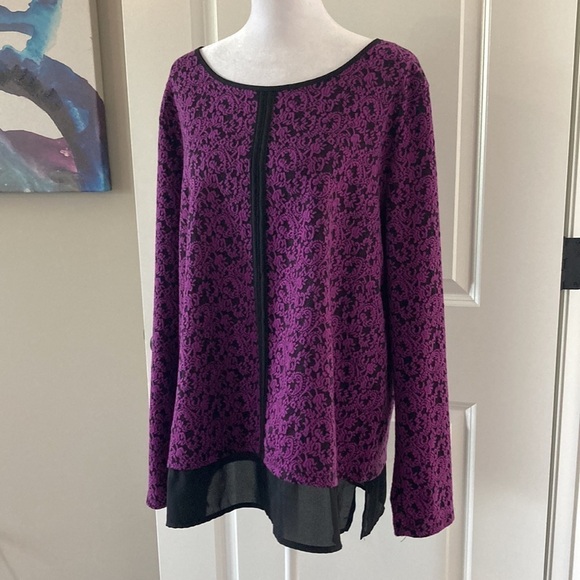 Dana Buchman large blouse purple black  long sleeves damask - Picture 4 of 12